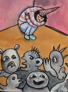 Shamed child in dunce cap or birthday hat in corner surrounded by anoynmous grey gossipers.